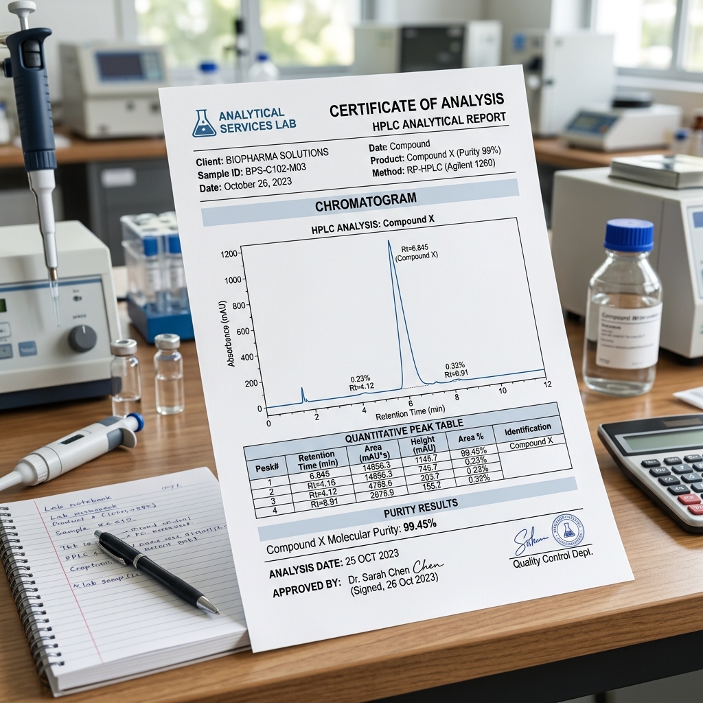 Raport chromatograficzny RP-HPLC i widmo masowe spektrometrii ESI-MS dla odczynnika Retatrutyd 10 mg RUO