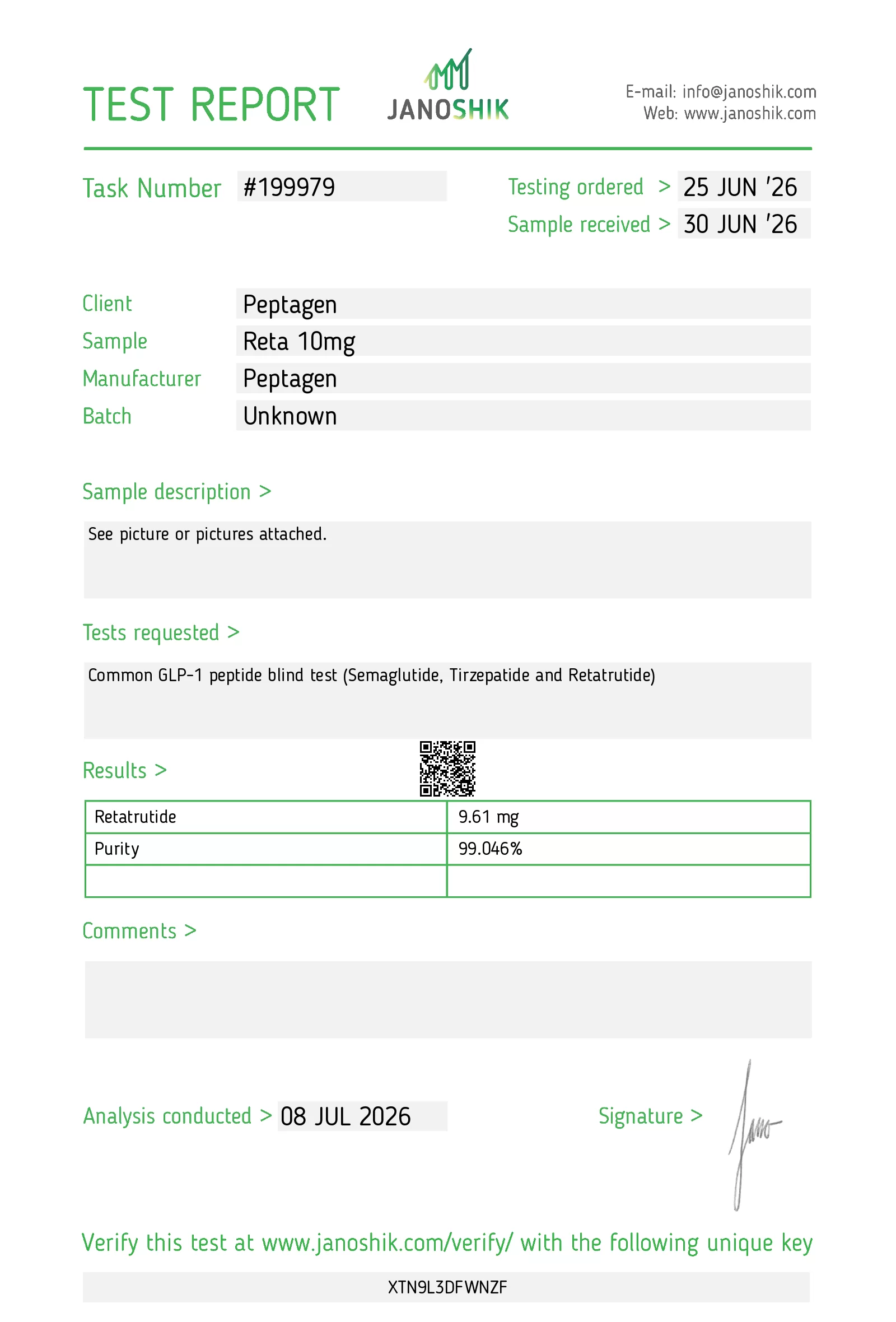 Certyfikat Analizy CoA - Badanie Czystości HPLC